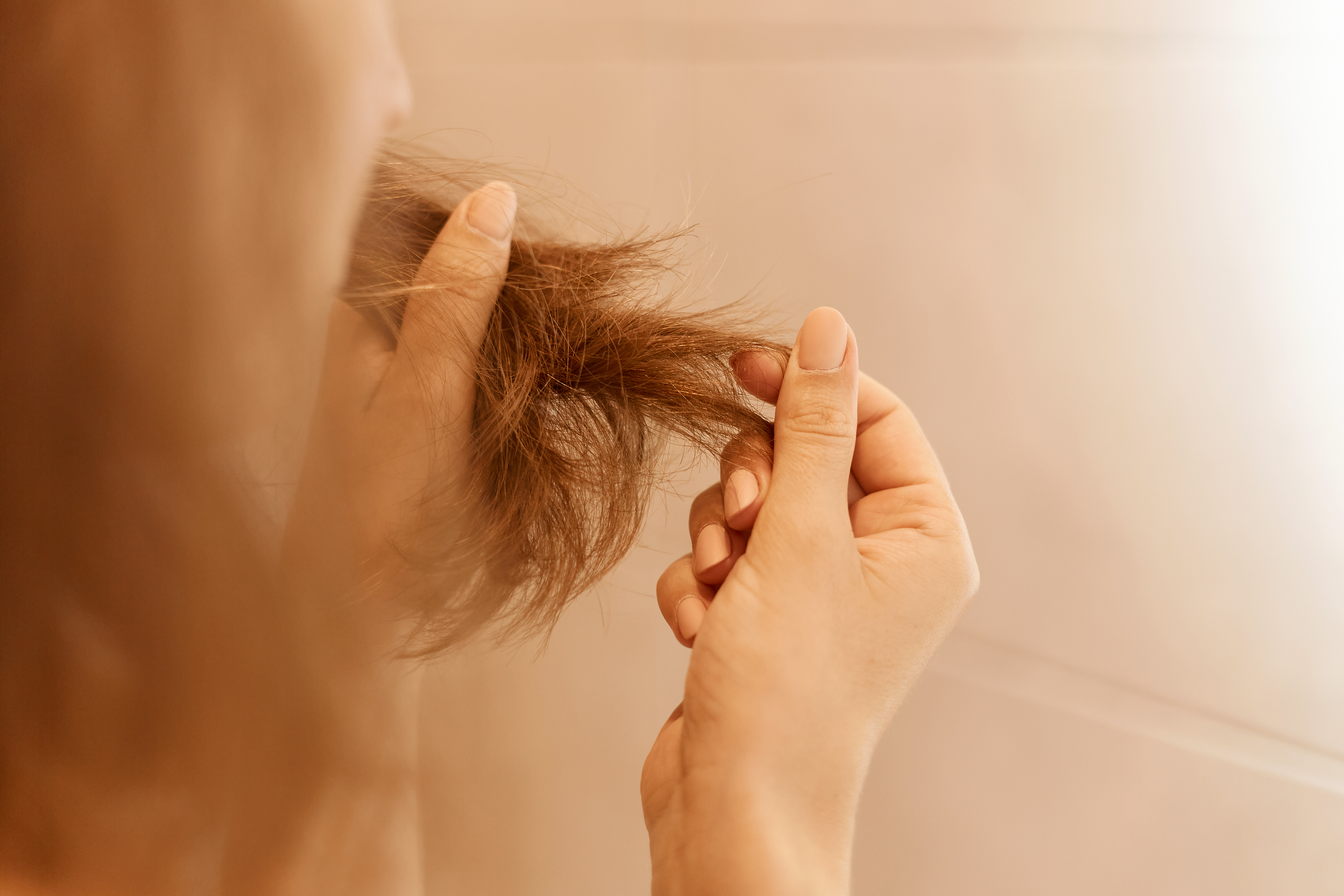 Woman hands holding dry damaged hair with trichology problem 